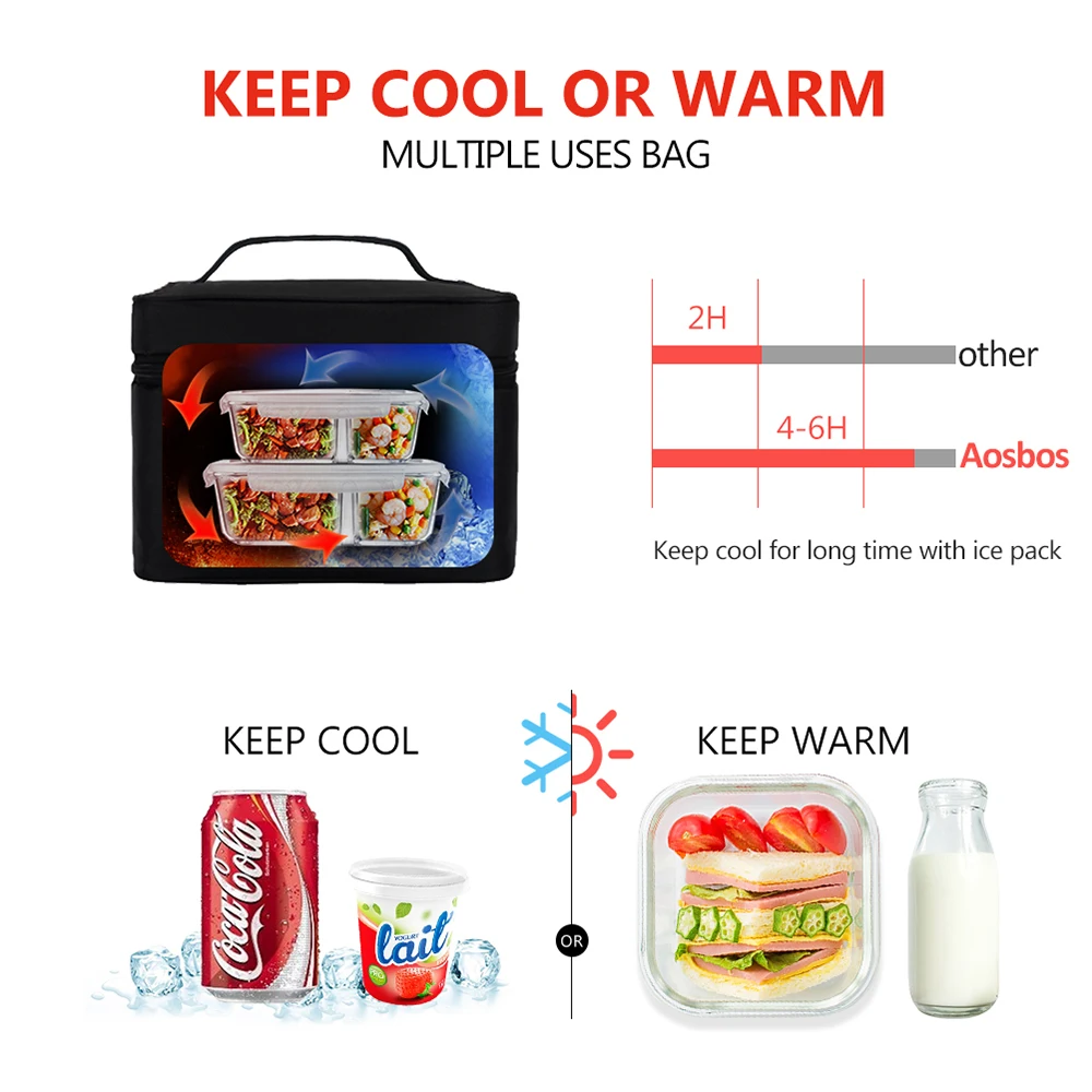 Aosbos Portable Food Picnic Cooler Box bag Black Insulated Daily Lunch Bags  Fashion Thermal Storage Tote Bag for Women Men