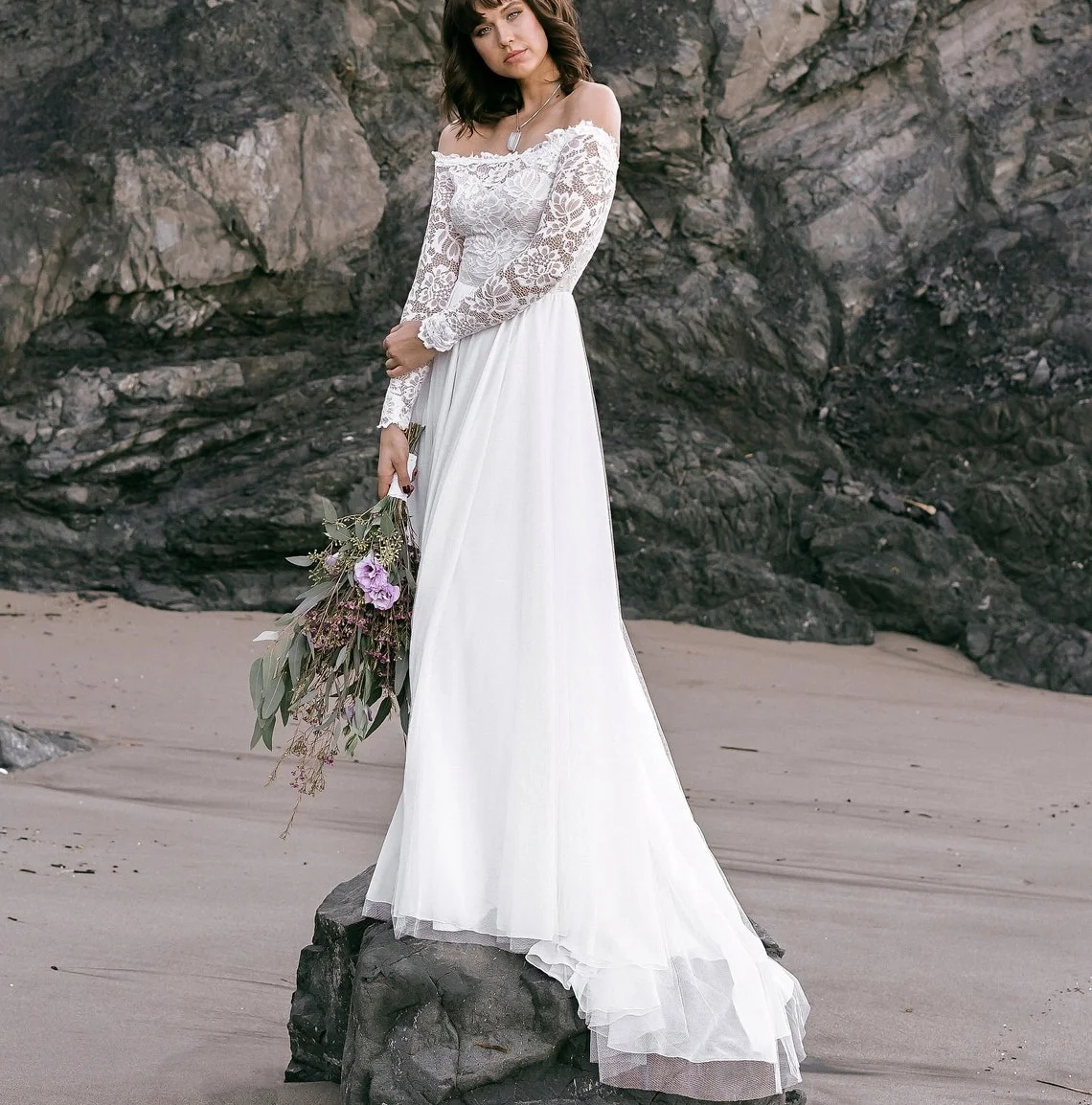 11620# Long Sleeve A-Line Lace Strapless Sweep Train Bohemian Off-Shoulder  Open Back Wedding Dress Wedding Gown Bridal Gown