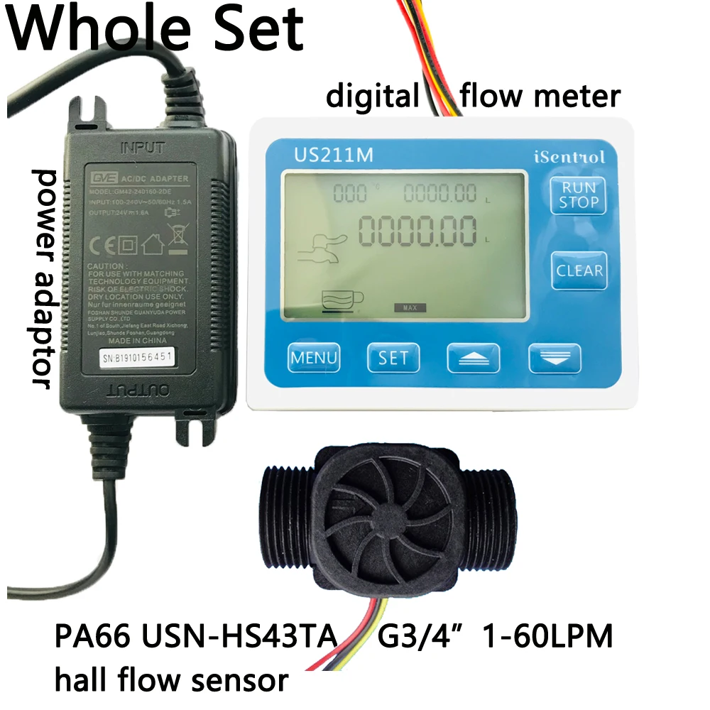 

US211M Digital Flow Meter and USN-HS43TA G3/4" Totalizer Flow Measurement with Nylon Water Flow Sensor Turbine Flowmeter iSentro