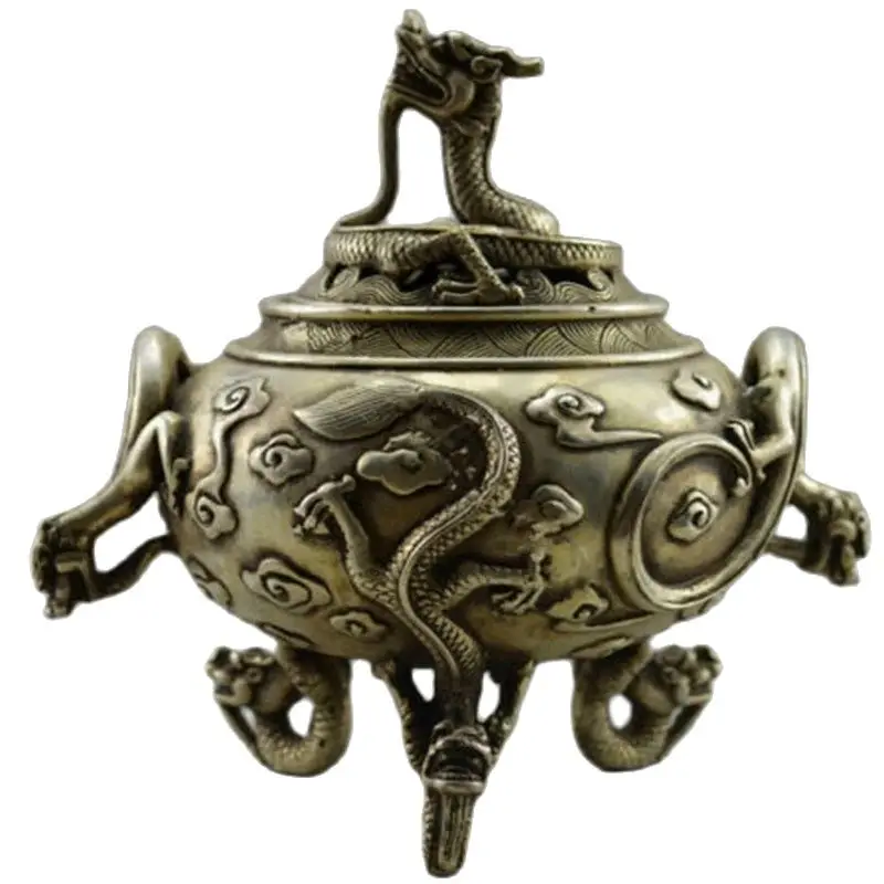 

Free Shipping Collectible home Decorated Old Handwork Miao Silver Carved 6 Dragon statue incense burner/metal crafts censer