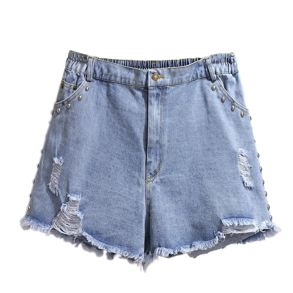 New 2021 Summer Plus Size Denim Shorts For Women Large Loose Casual Elastic Waist Rivet Blue Hole Jeans Shorts 4XL 5XL 6XL 7XL