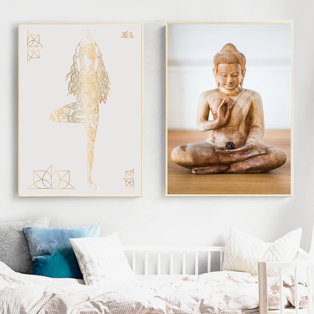 Zen Buddha Statue Poster Golden Leaf Yoga Canvas Prints Minimalist Flower Wall Art Picture Painting Buddhism Modern Home Decor