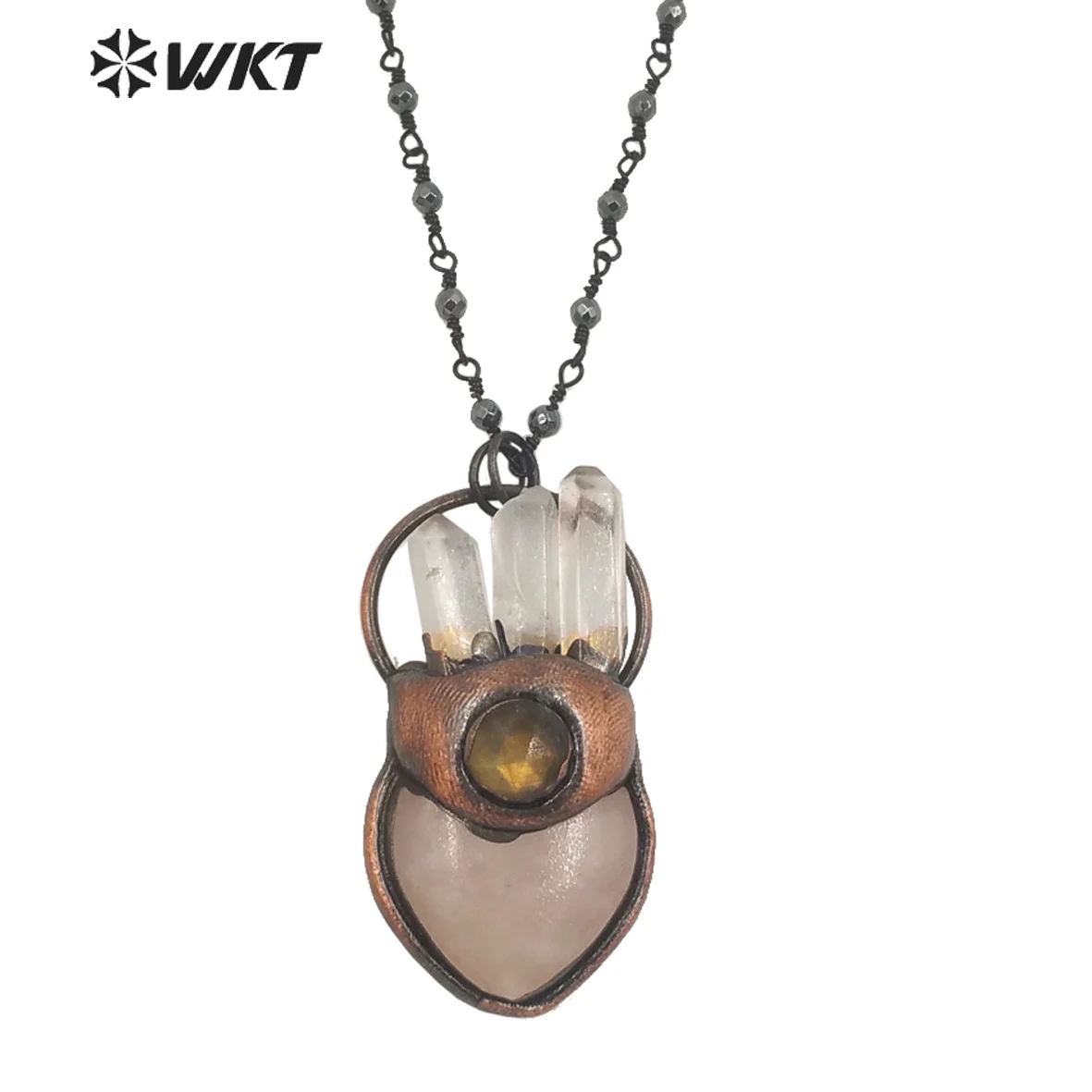 WT-N1341 WKT Retro Style Bronze Necklace Pink Heart Shape Mix And Match Crescent Pendant Lady Jewelry Necklace Birthday Gift