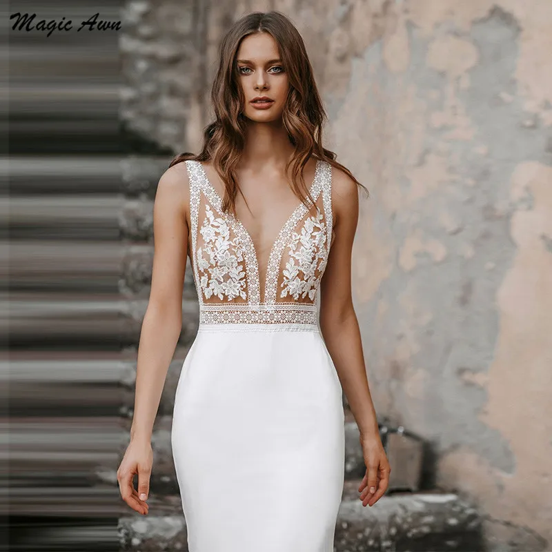 Magic Awn-vestidos De novia De sirena con escote en V, vestido De fiesta De boda con ilusión sin espalda, Apliques De encaje bohemios