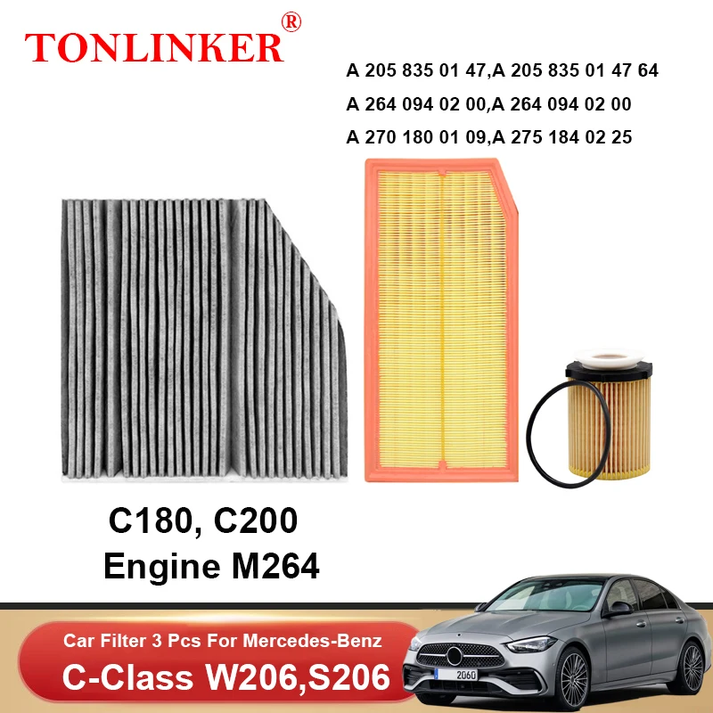 TONLINKER Cabin Air Filter Oil Filter For Mercedes Benz C Class W206 S206 C180 Sport C200 4MATIC 2021 2022 1.5L M264 1/2/3Pcs