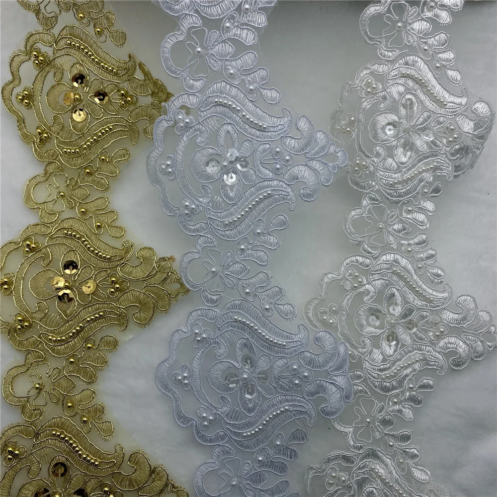 

14yards Pearl Beaded Bridal Wedding Applique lace Trim Edging evening dress