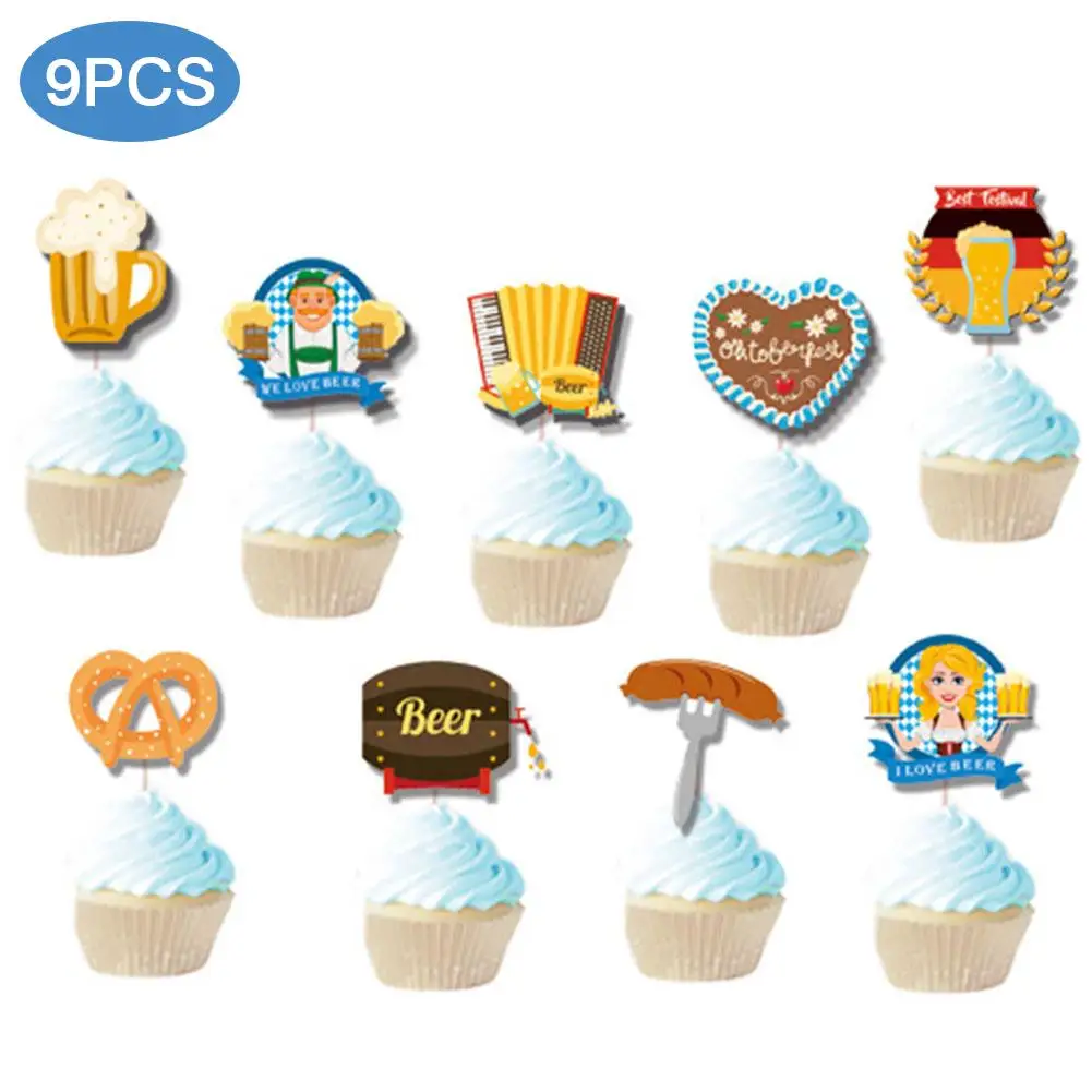 9PCS Oktoberfest Cake Picks Flag Cupcake Topper Picks Cake Inserts Party Props For Oktoberfest Party Holiday Decorations