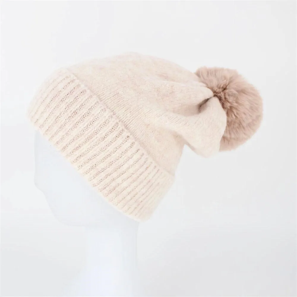 Faux Fur Pompom Beanie for Women 2020 New Knit Pink Winter Hat Girls White Cashmere Slouchy Beanie