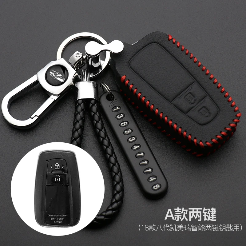 2 Buttons Leather Key Cases Fob Keychain Cover For Toyota Camry 2017 2018 CHR CH-R Prius Corolla RAV4 Smart Keys Car Styling