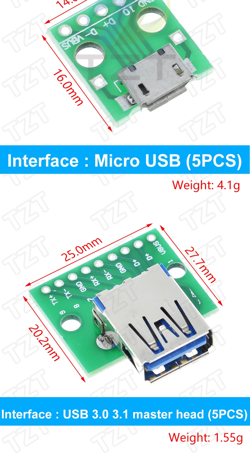 TZT USB-Stecker / MINI MICRO USB auf DIP-Adapter, Buchse 2,54 Stecker B Typ-C USB2.0 3.0 Buchse Konverter – Detail 4