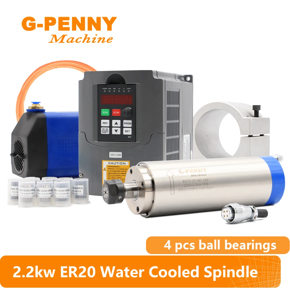 G-Penny 2.2kw ER20 Water Cooled Spindle motor 4pcs bearings & 2.2kw Motor Speed Controller & bracket & water pump & collet