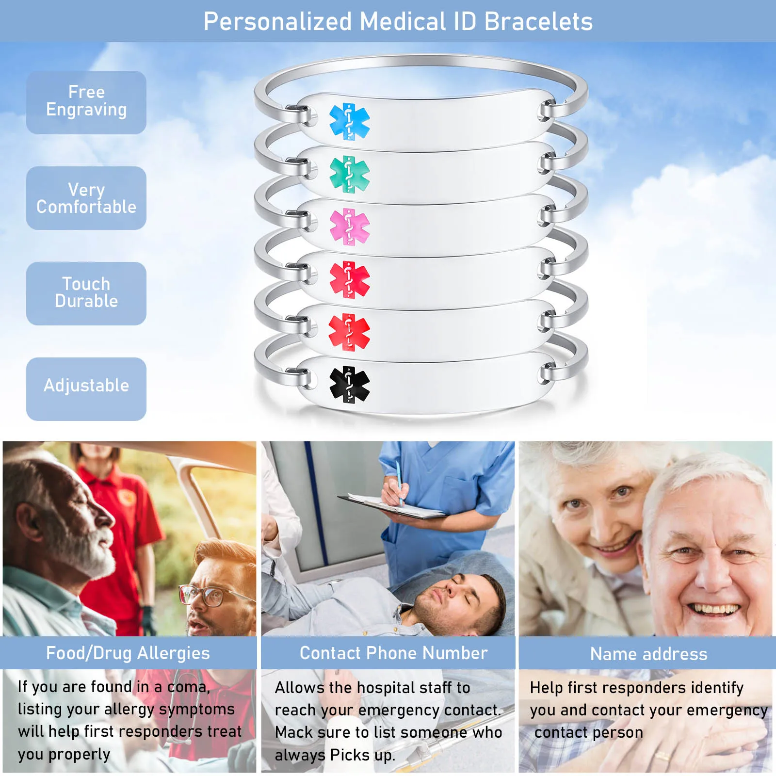 Women's Personalized Medical Alert ID Bangle Bracelet, Custom Gift