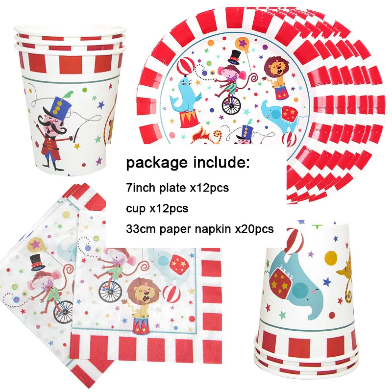 44Pcs/set Circus Party Decorations Acrobatic Animal Paper Disposable Tableware Set Kids Birthday Party Supplies for 12 person