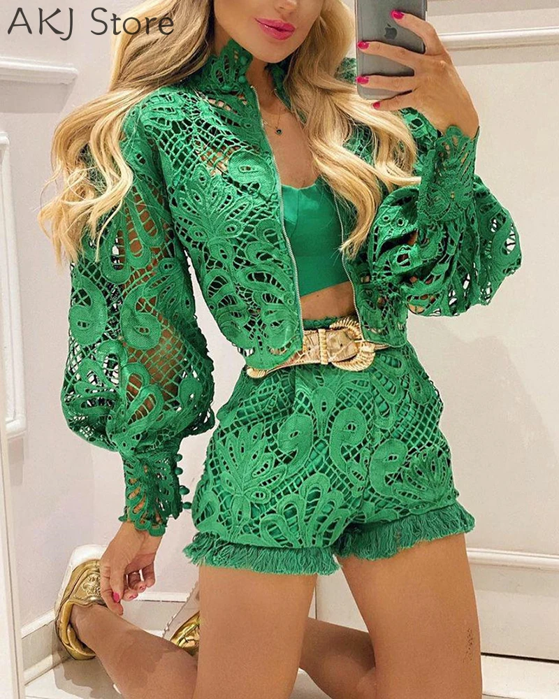 

Women's Sets Sexy Two Pieces Suits Lace Contrast Hollow-Out Shorts With Lantern Sleeve Coat Set