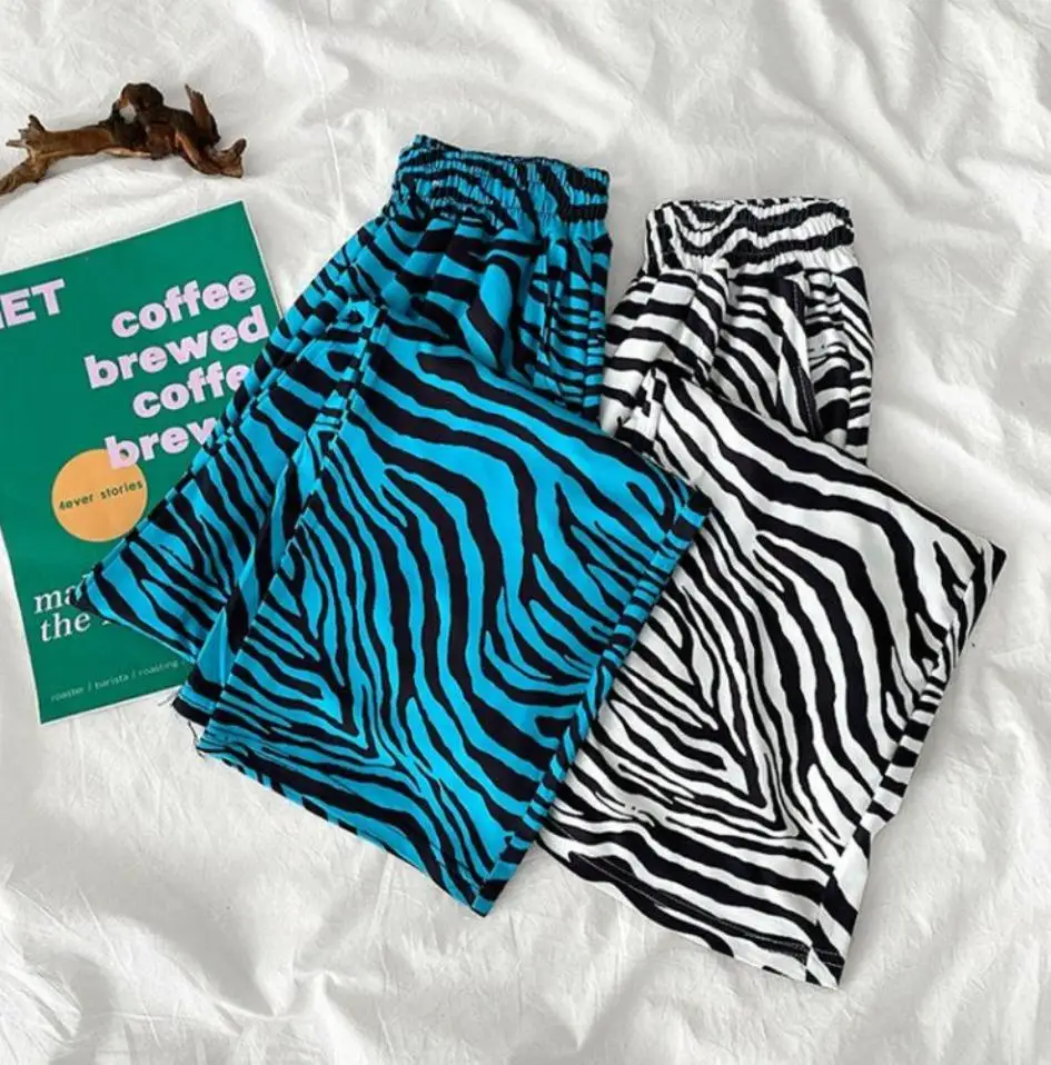 Divertido teste padrão da zebra impresso calças casuais das mulheres pijamas o verão solto selvagem calças largas de cintura alta calças esportivas na moda