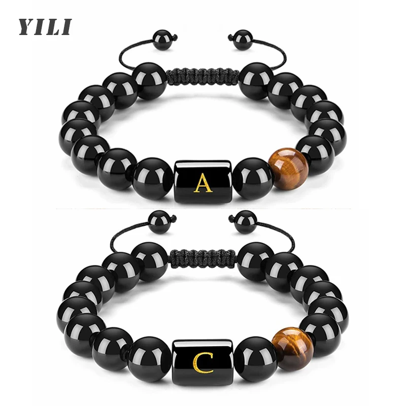 26 Letter Natural Stone Bracelets 10mm Black Onyx Tiger Eye Beads Bracelet Braided Rope Initial Bracelet for Men Adjustable