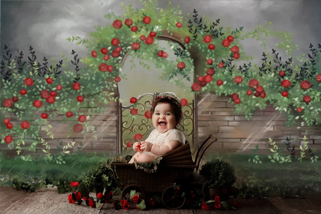 Spring Garden Floral Photography Backdrops Red Flowers Wrought Iron Gate Decor Kids Cake Smash Photocall Background Photo Studio image 2