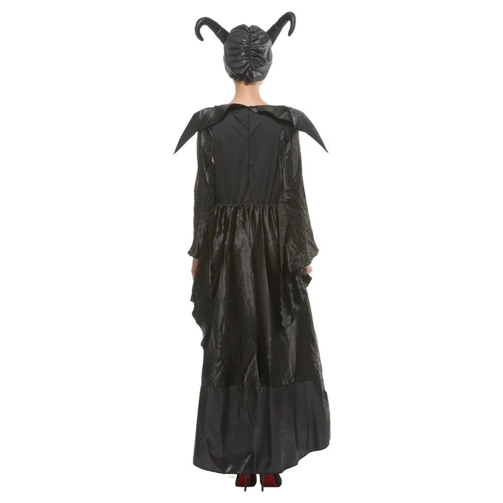 Deluxe Halloween Black Queen Cosplay Costume Women Witch Gown with Horns Hat Carnival Easter Purim Fancy Dress