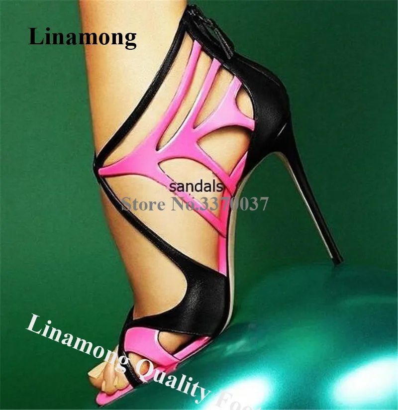 

Women Charming Fashion Open Toe Rose Red Black Patchwork Stiletto Heel Sandals Cut-out High Heel Sandals Formal Dress Shoes