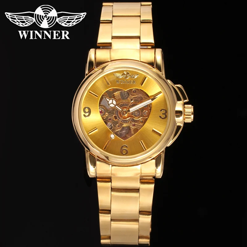 WINNER Fashion trend men\'s and women\'s watch gold hollow design dial watch gold stainless steel strap automatic mechanical wa