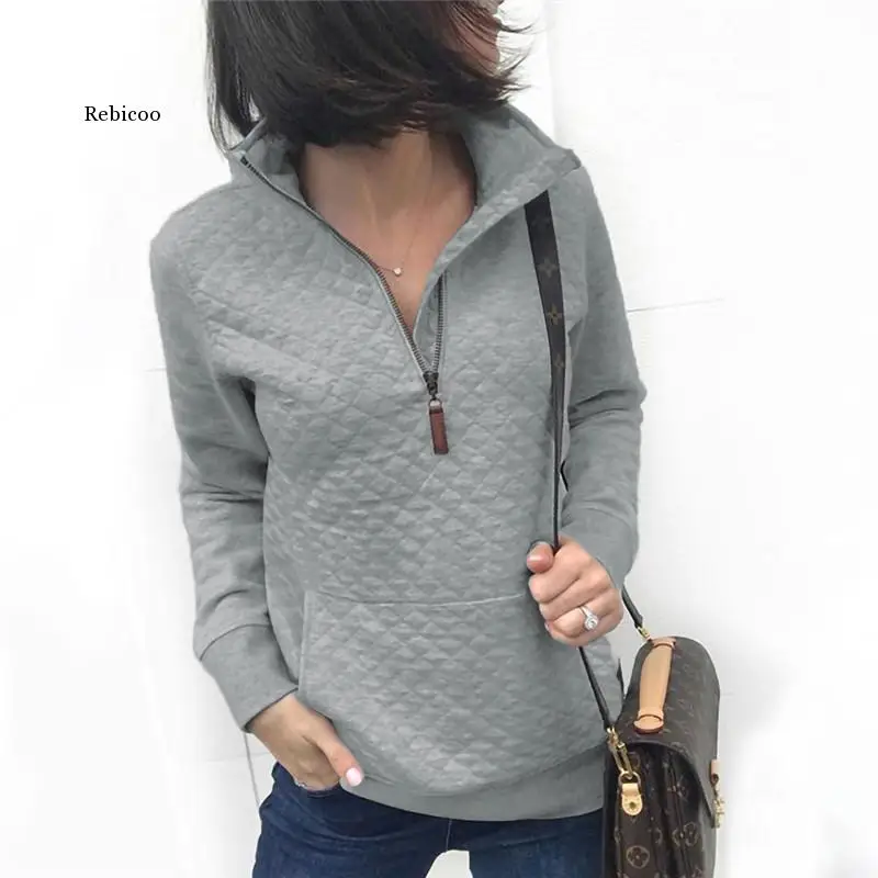 Pockets Zipper Half Open Long Sleeve Women Tops Slim Turn Down Collar Casual Sweatshirts Lattice Autumn Winter Female Hoodies