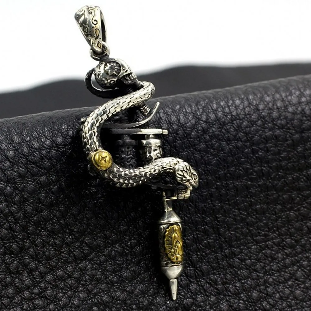 

Tattoo machine pendant for man new s925 pure solid silver man pendant hand polished skull snake Madonna Thai silver punk