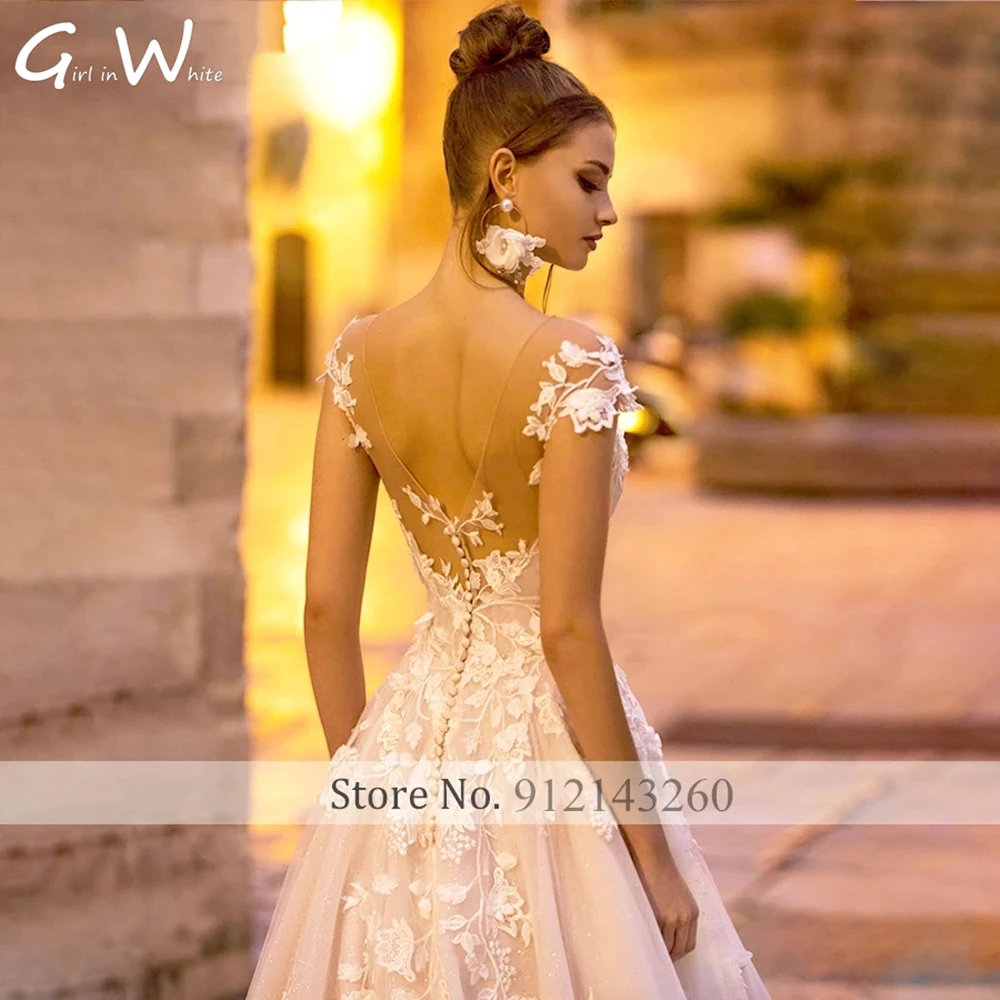 Scoop Applique Wedding Dresses A-Line Off-the-Shoulder Court Train Lace Flowes customized Petal Illusion Back Vestidos De Novia