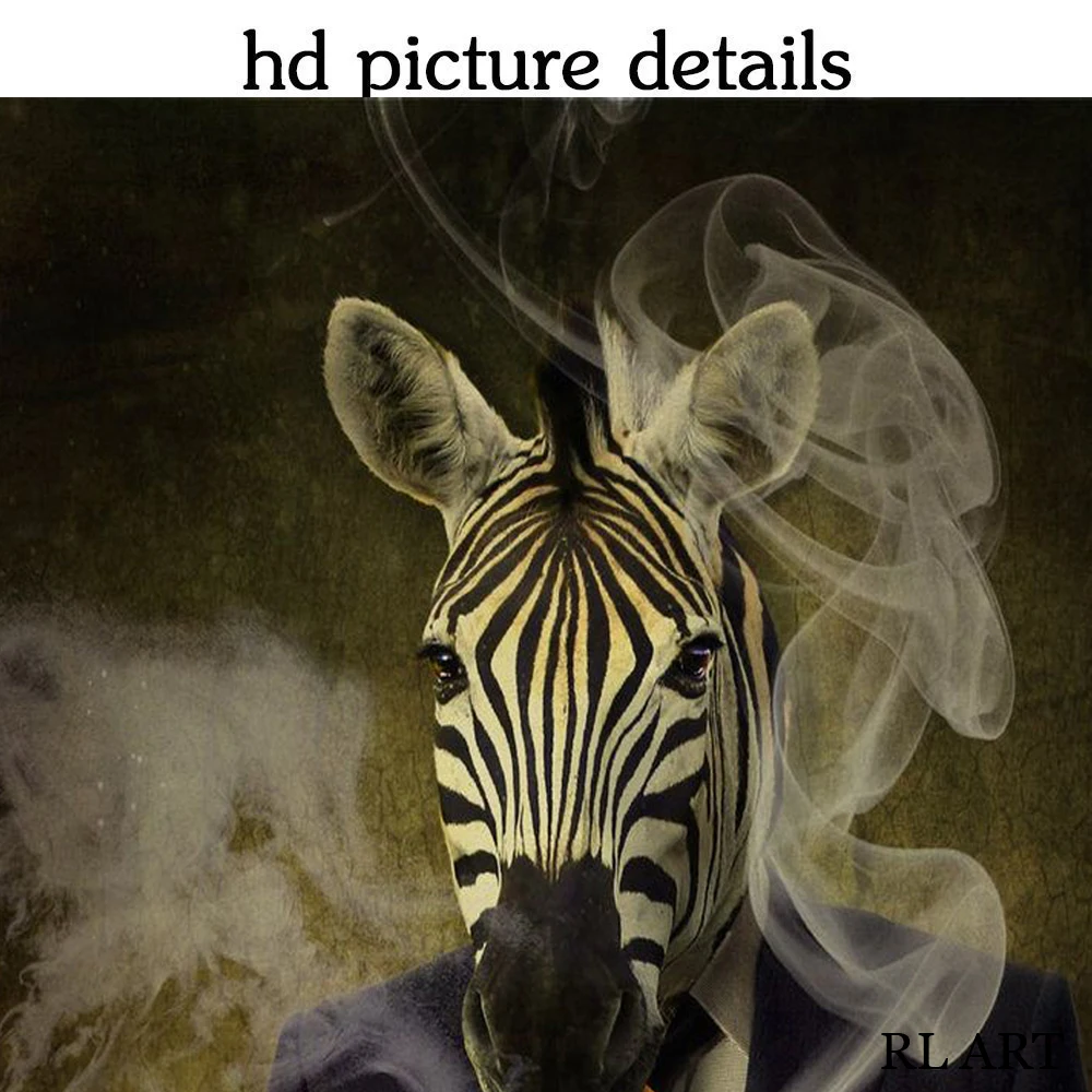 Modern Animal Portrait Posters and Prints, Wall Canvas Art, Mr Zebra Smoking in a Suit Picture for Living Room, Home Decor