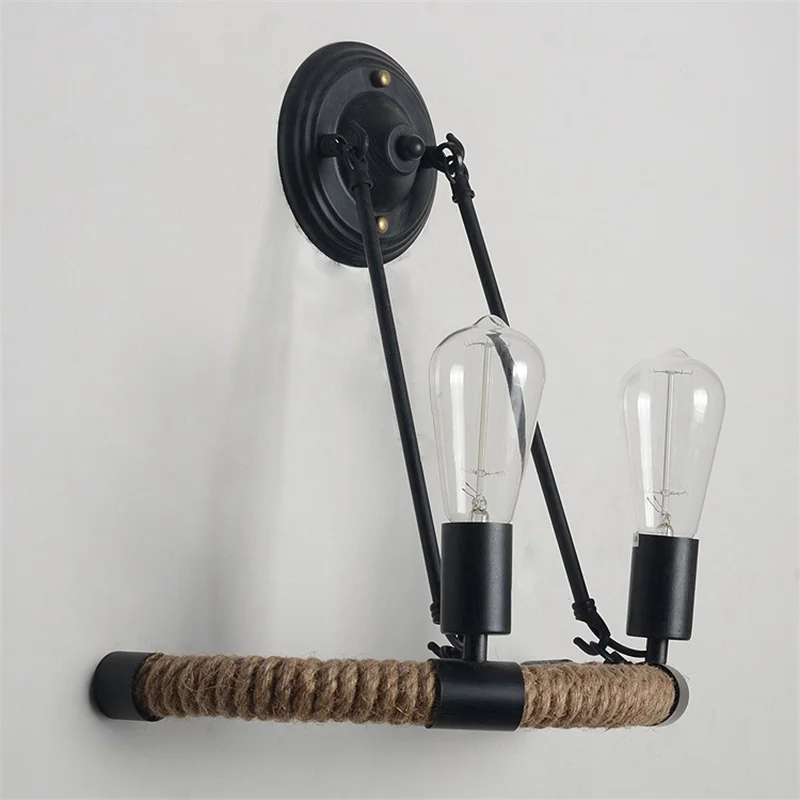 American creative retro wrought iron double head rope wall lamp semi-circle bar clothing store aisle simple balcony stair light