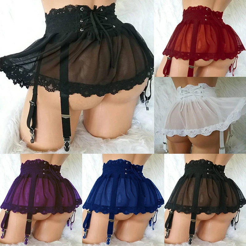 Hot Sexy Garters Lingerie Plus Size Women Five Colors Lace Mesh Skirt Suspenders Sexy Tanga For Garter Belt Transparent Panties