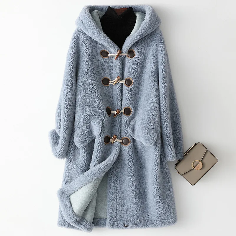 2020 New Wool Real Fur Coat for Women Clothes Winter Sheep Jackets Coats Female Long Hooded Suede Lining Overcoat