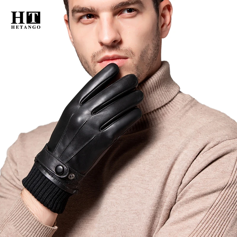 New Winter Men's High-Grade Sheepskin Leather Gloves Snap Decoration Warmth Soft Fashion Black Mittens Fluff Lining Warm Gloves