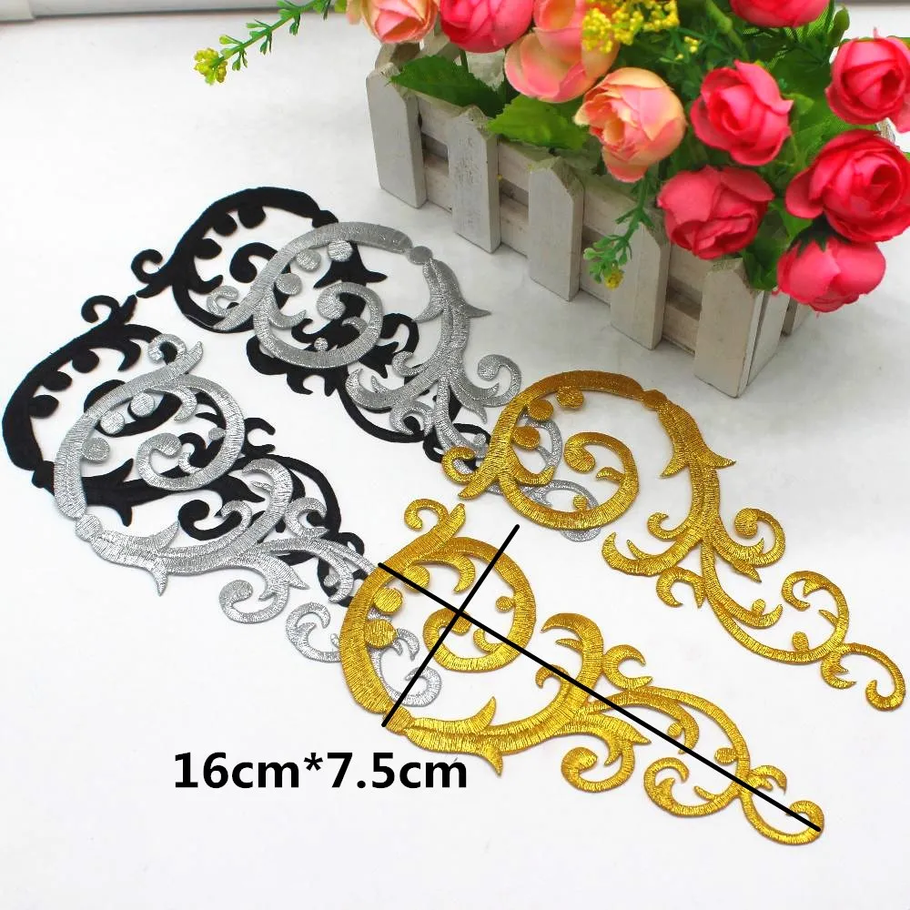 Gold Embroidery Patches Iron On Appliqued Mirror Pairs Diy Garment Costumes Trims 16cm*7.5cm