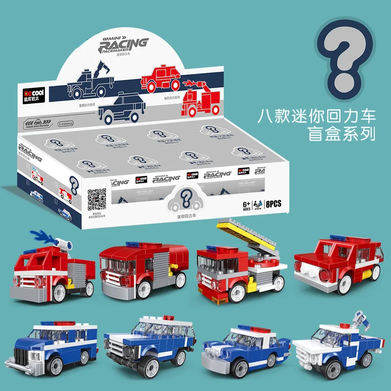 DECOOL Technical Surprise Blind Box Mini Pull Back Fire Truck Crane Forklift Military Police Car Building Blocks Toys For Boy