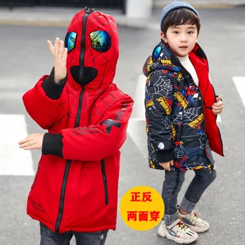소년 겨울 자 켓 2020 만화 파 카 소년 두건 된 겨울 코트 더블 사이드 착용 안경 패션 어린이 자 켓 소년 옷 