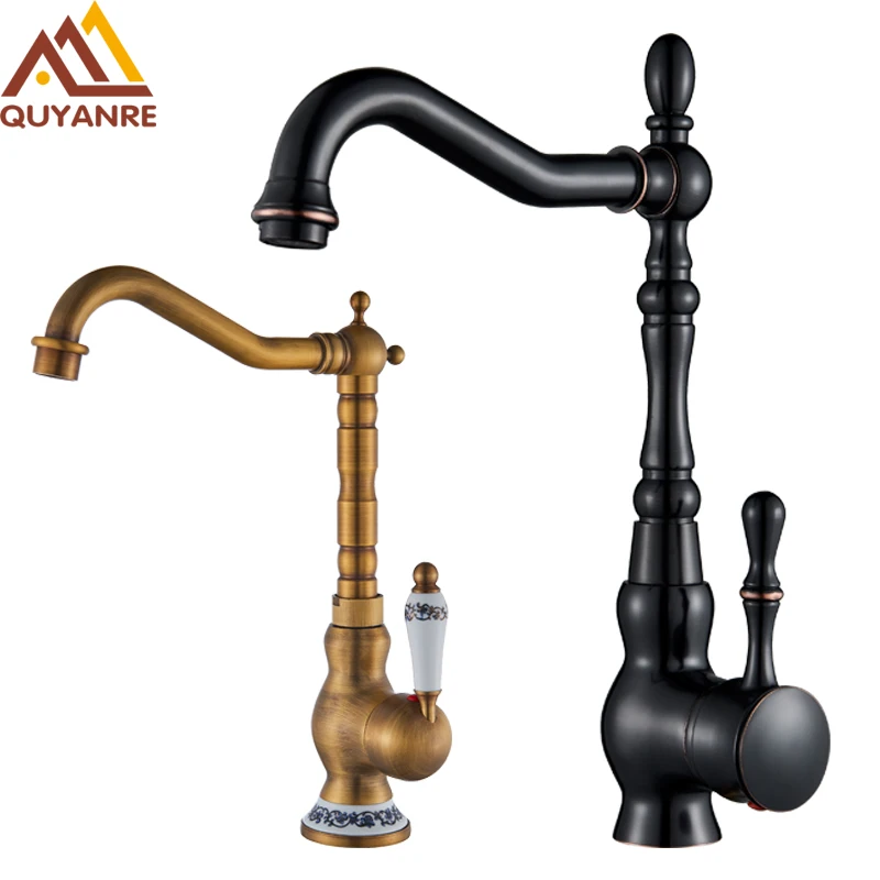 Quyanre Black Bronze Retro Antique Brass Basin Faucet Single Handle Mixer Tap 360 Rotation Kitchen Faucet  Kitchen Mixer Taps