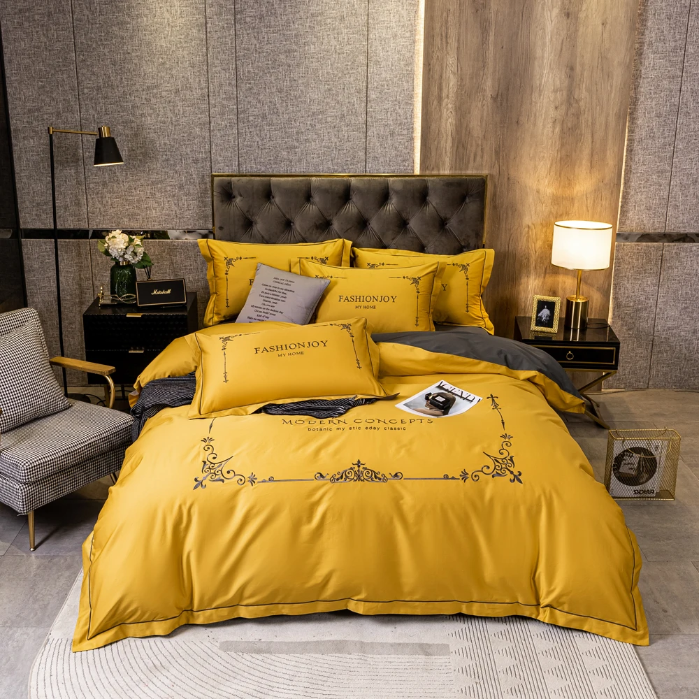 

2021 Four-piece bedding simple cotton double household bed sheet quilt cover embroidered twill comfortable bedding yellow color