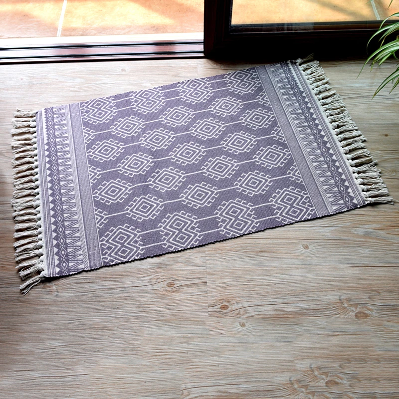 100% Cotton Black White Livingroom Carpet Modern Floor Mat Indian Geometric Woven Rug For Bedroom Stripe Vintage Bohemia Doormat