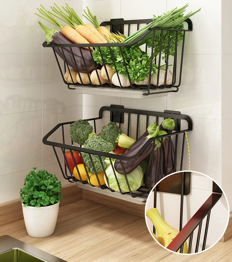 Wall-hung Vegetable Storage Rack Punching-free iron Storage Baskets for Fruit Vegetable Drain Storage Basket Kitchen Oganizer