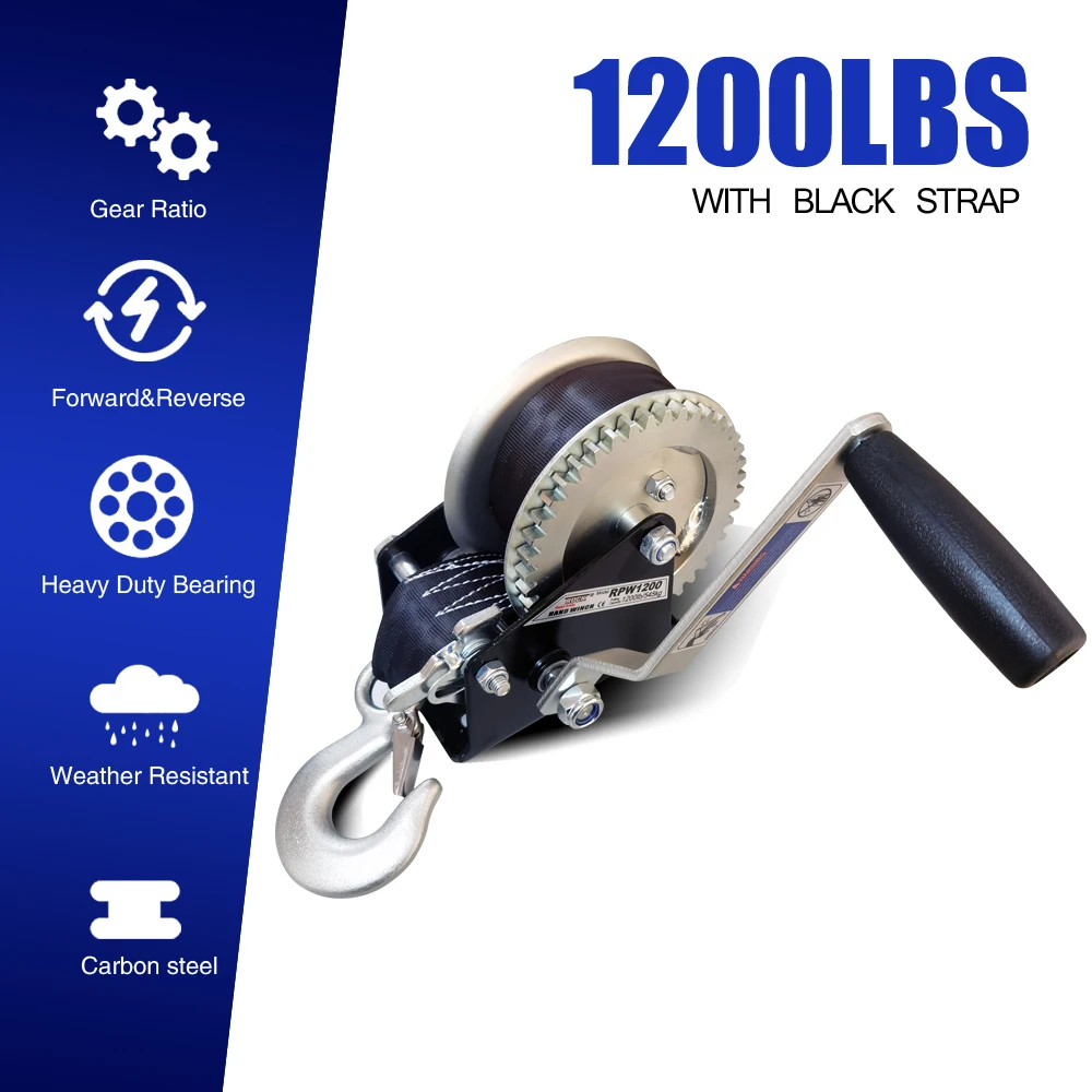 Hand-Crank Marine Winch 26FT. includ Nylon Strap and hook for Boat Trailer 1200LBS