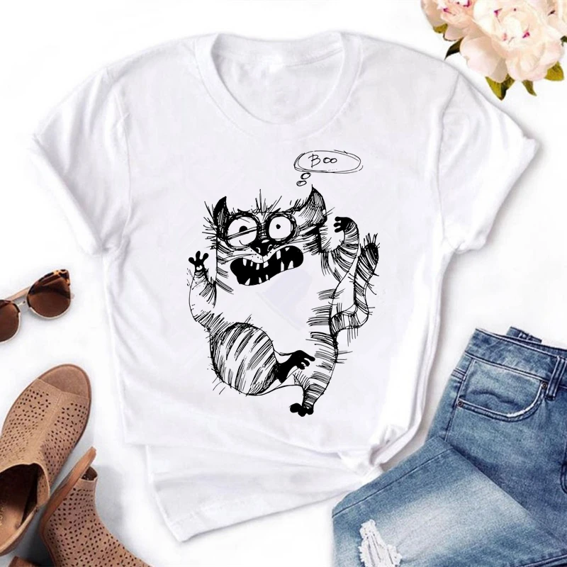 

Women's Casual O-Neck T-Shirt, Top Quality, Funny, sketch, Cat Print, Summer, New Design, 2024