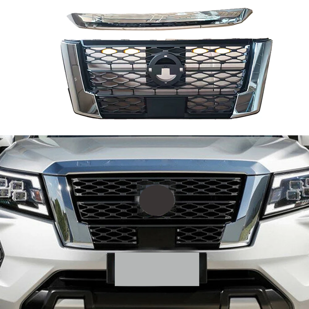 For NP300 Front Grill For Navara NP300 Pro-4X 2021 2022 Racing Grills Front Bumper Grille Grilles Cover Grill Mesh With Lights
