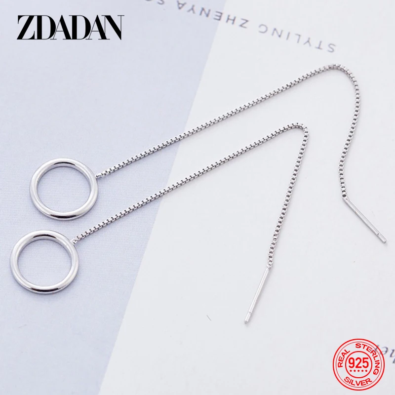 

ZDADAN 925 Sterling Silver Circle Long Chain Earrings For Women Earrings Fashion Jewelry Wedding Gift