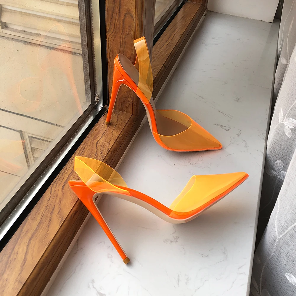 Tikicup Orange Summer Women Transparent Soft PVC Pointy Toe High Heel Slingback Shoes Jelly Stiletto Pumps Colors Customizable