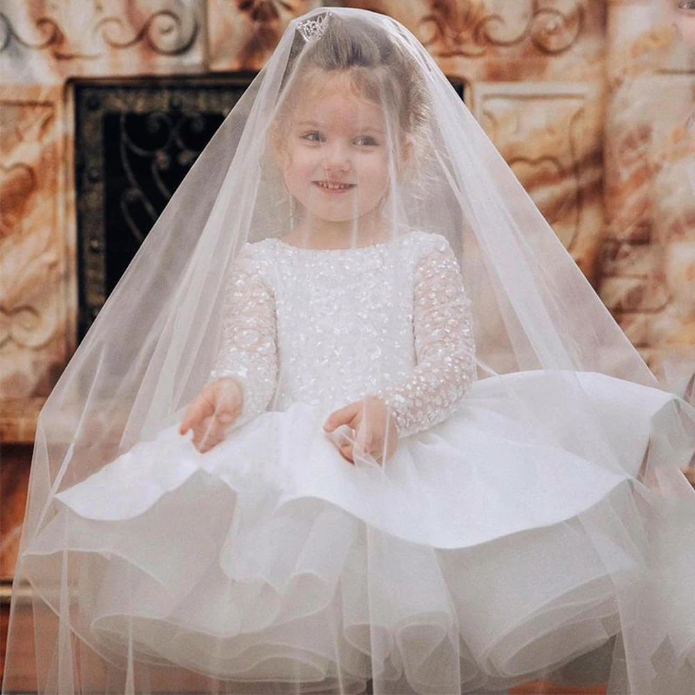 Yipeisha criança primeiro comunhão vestido branco espumante puff flor vestidos da menina mangas compridas bola vestido de festa aniversário