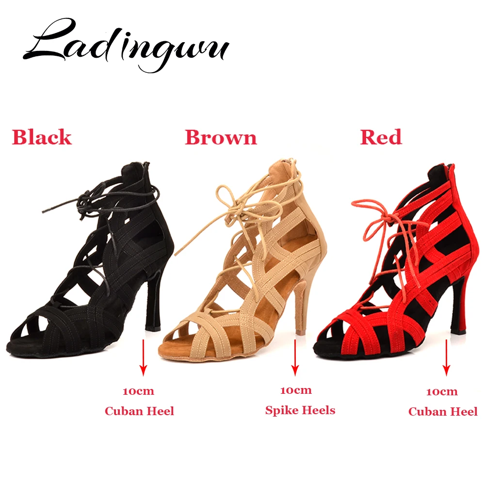 Ladingwu Brands Women Latin Dance Boots Ladys Salsa Dance Shoes Brown Black Red Suede Professional Ballroom Dance Shoes