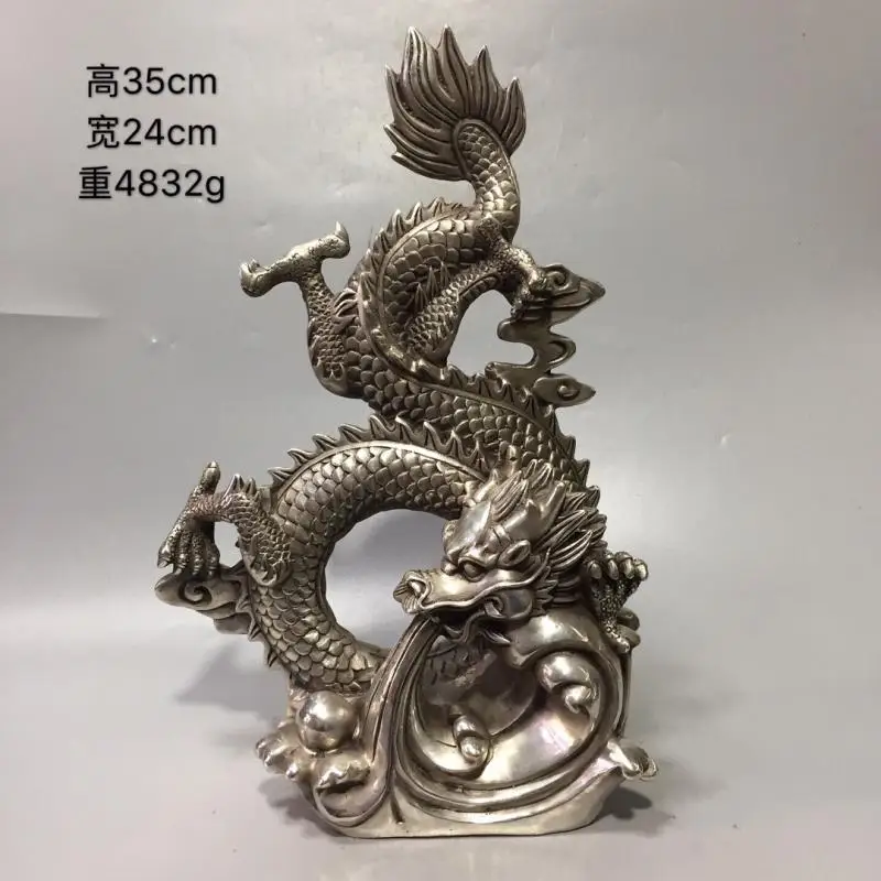 

white copper Height 13.78 inch Metal crafts Home Decoration Chinese Cupronickel Carved Dragon Statue dragon Sculpture 4832 G