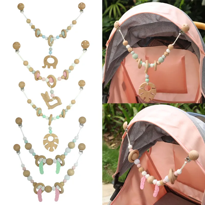 Pram Chain with Clips Nature Wooden Pram String Clips Mobile Pram Rattle Stroller Toys Neborn Gift Toys