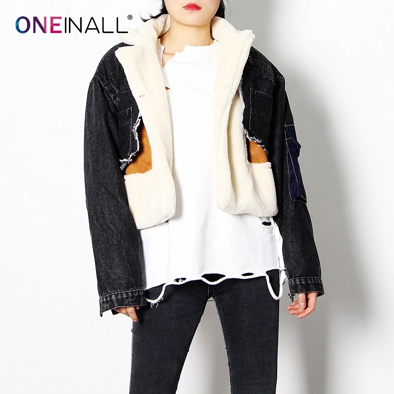 ONEINALL Black Patchwork Denim Short Coat For Women Lapel Collar Long Sleeve Pockets Female 2021 Winter Clothing Fashion Style