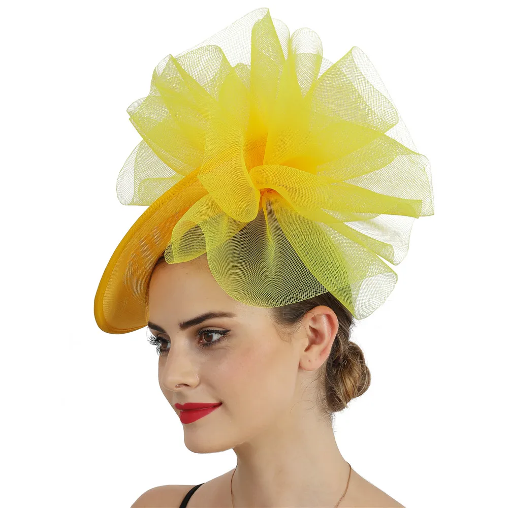 Women Big Fashion Fascinator Wedding Hat Yellow Chapeau Cap On Hair Clip Bride Wedding Party Hair Accessories Kenducky Fedora